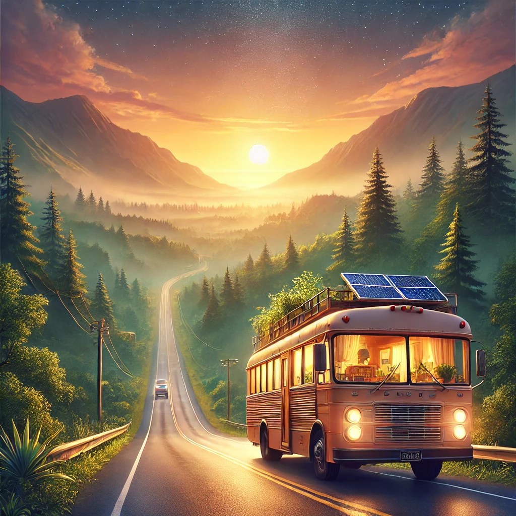 A beautifully transformed bus, converted into a cozy mobile home, travels along an open road surrounded by lush forests and towering mountains at sunset. The bus features solar panels on its roof, plants adorning its windows, and an inviting atmosphere that suggests warmth and adventure. The road ahead leads to a glowing, golden horizon, symbolizing destiny and the journey to finding a soul-aligned community. Ethereal light surrounds the bus, hinting at divine guidance and universal alignment. Overlaid text reads: 'The Journey to My Dream Community—Are You Part of It?