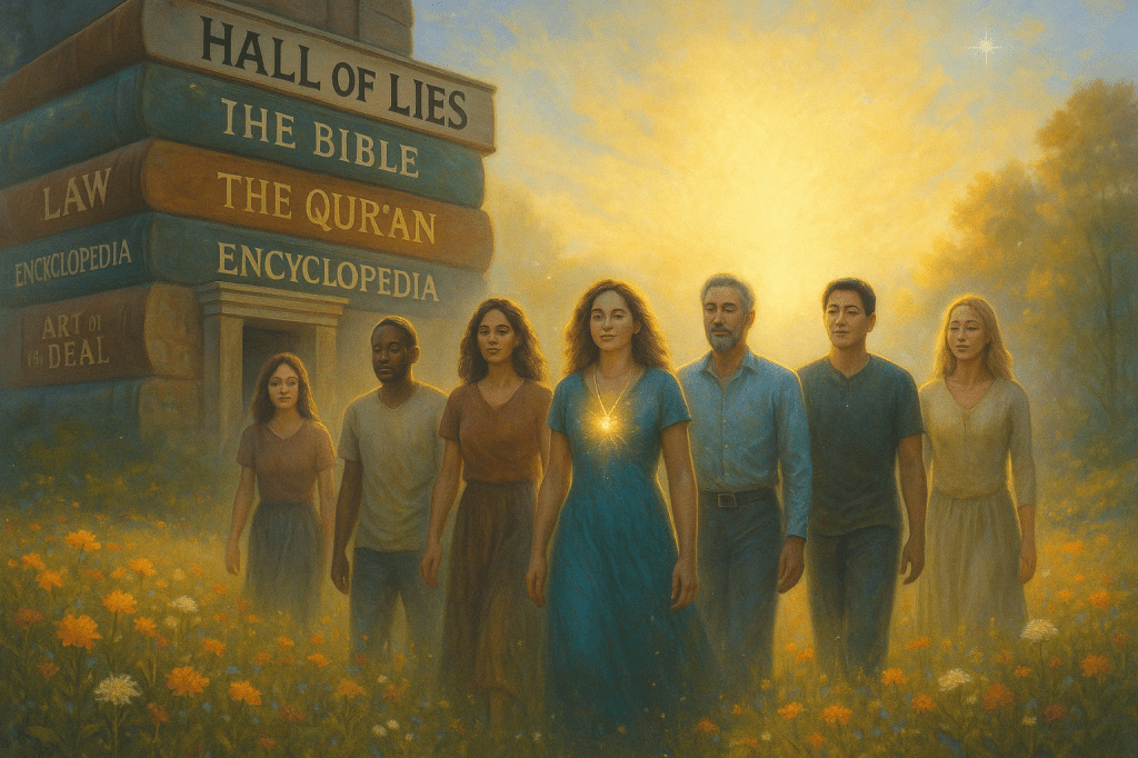 A group of diverse individuals walking through a flower-filled field, illuminated by a warm golden light, with a large structure labeled 'HALL OF LIES' featuring various books stacked high, including 'THE BIBLE' and 'THE QUR'AN'.