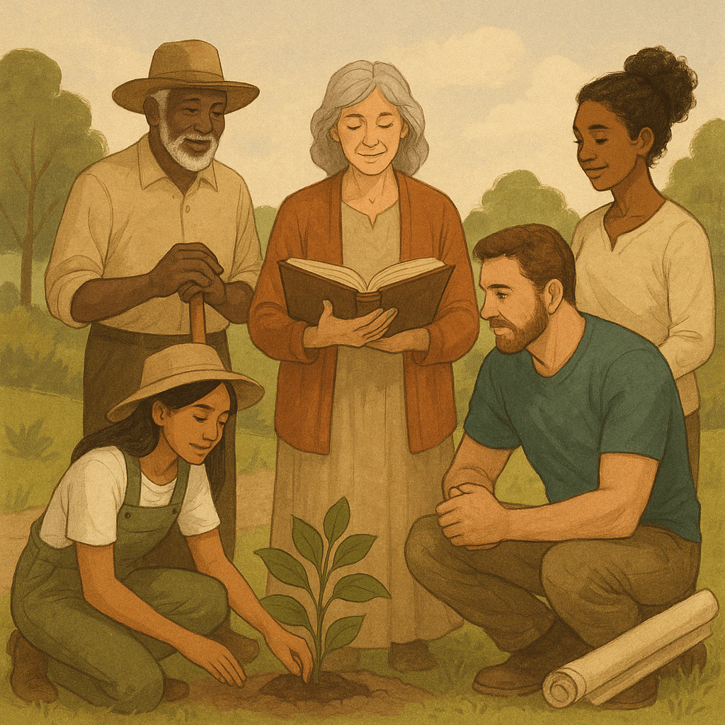 A diverse group of five people gathered in a natural setting, with an older man holding a gardening tool, a woman reading from a book, and a young girl kneeling and planting a small tree. The others observe attentively, suggesting a theme of community and nurturing the earth.