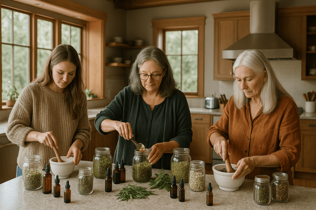 Three women gather in a bright kitchen, working together to prepare herbal remedies. They are mixing ingredients in bowls and jars, surrounded by various herbs and tinctures, fostering a sense of community and collaboration.