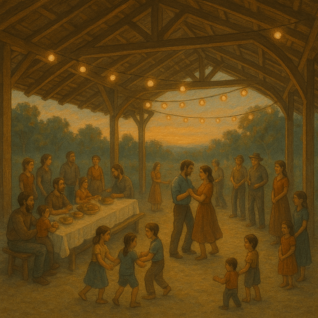 A warm gathering under a wooden shelter at sunset, with people dining and dancing together. Children play in pairs while adults engage in conversation, creating a serene and joyful community atmosphere.